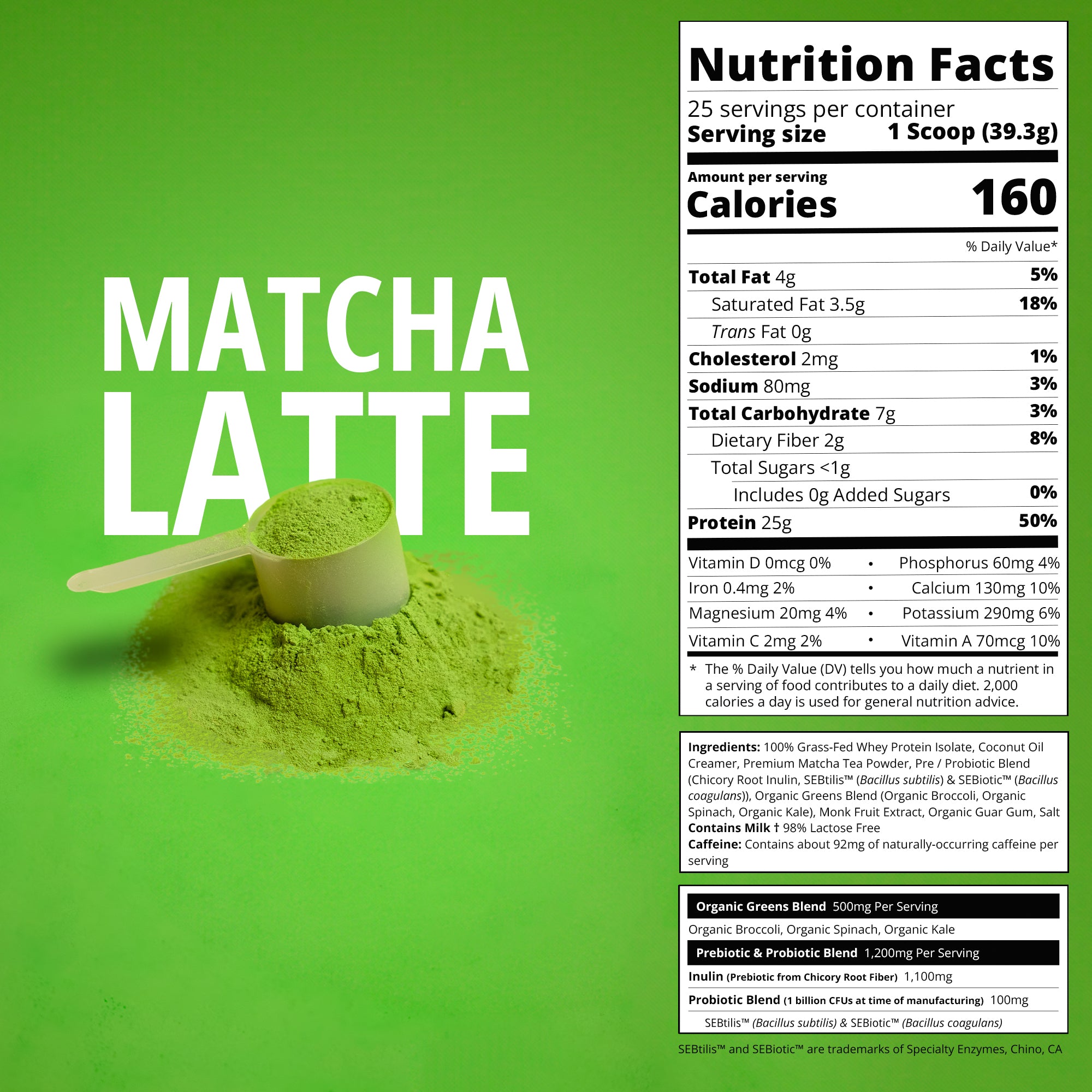 Matcha latte powder with a scoop and nutrition facts label on a green background