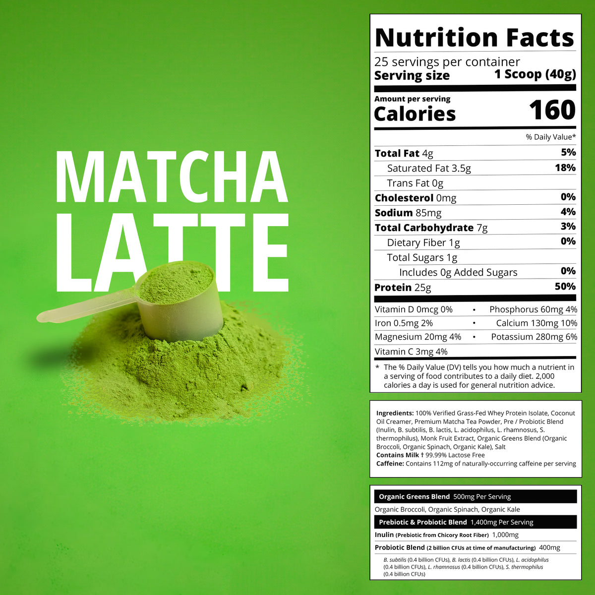 Matcha Latte flavor nutrition facts label with a scoop of green powder on a bright green background and white text detailing serving size and calories.