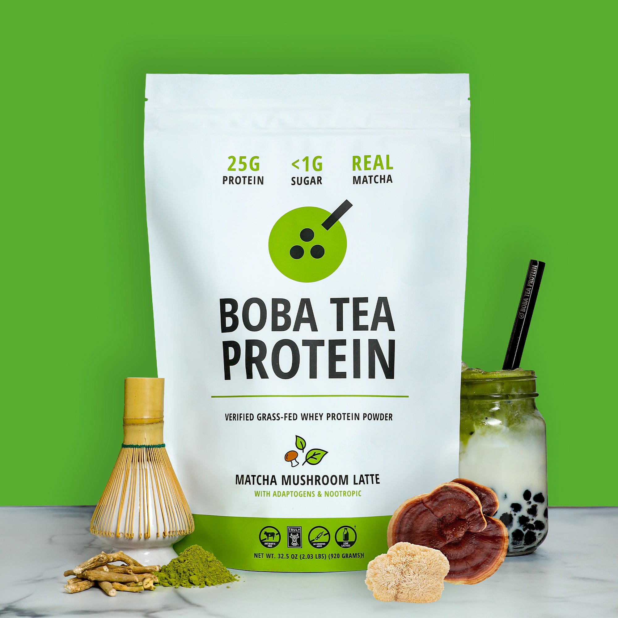 Boba tea protein powder package with matcha and adaptogen ingredients on a green background