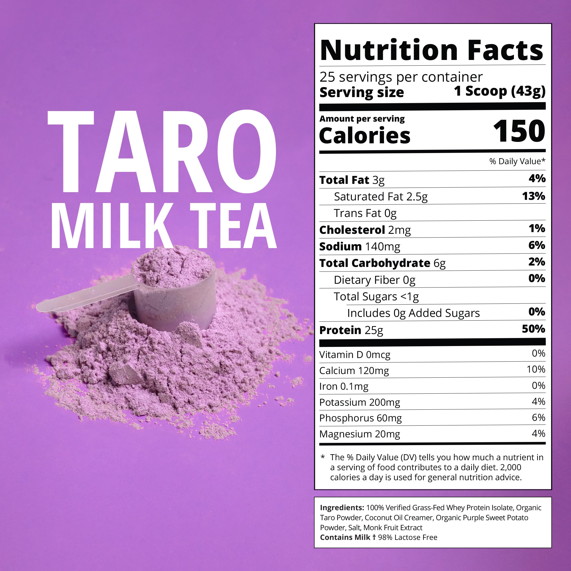 Nutrition facts label for taro milk tea powder on a purple background
