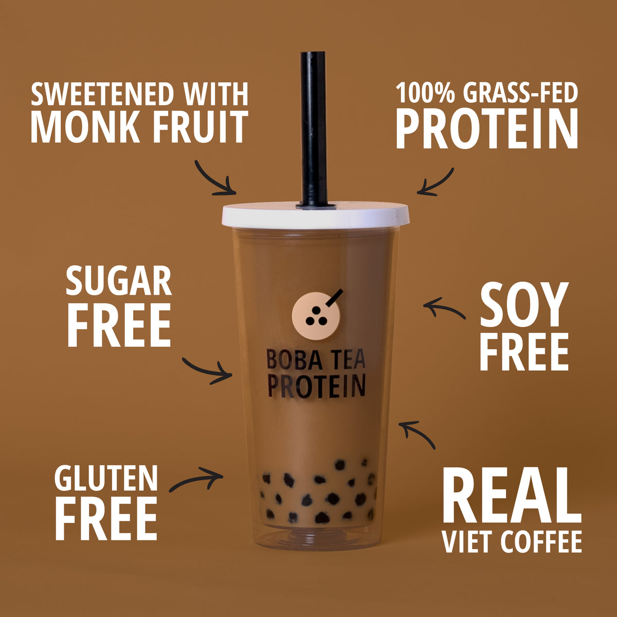 A clear plastic cup with a white lid and black straw, filled with coffee and black boba pearls. The cup has the brand name 'BOBA TEA PROTEIN' printed on the front.