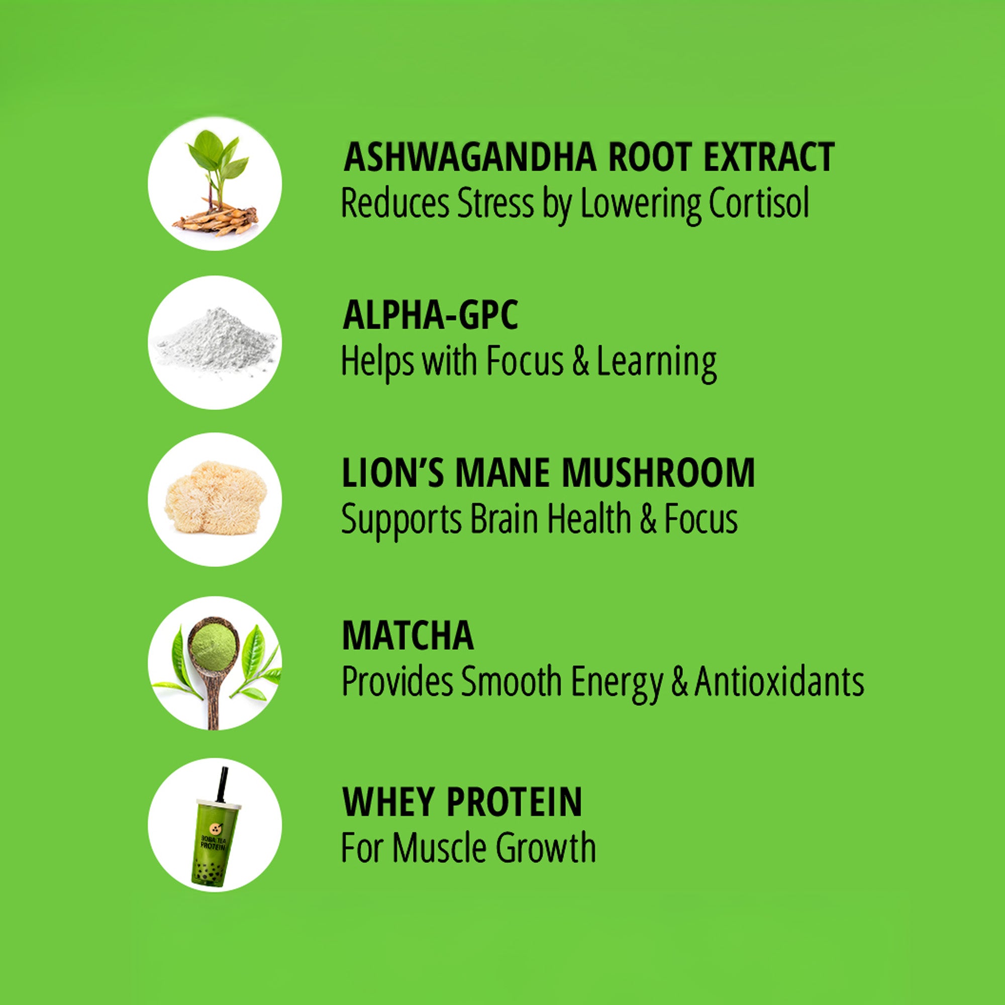 List of health benefits with corresponding images and descriptions on a green background