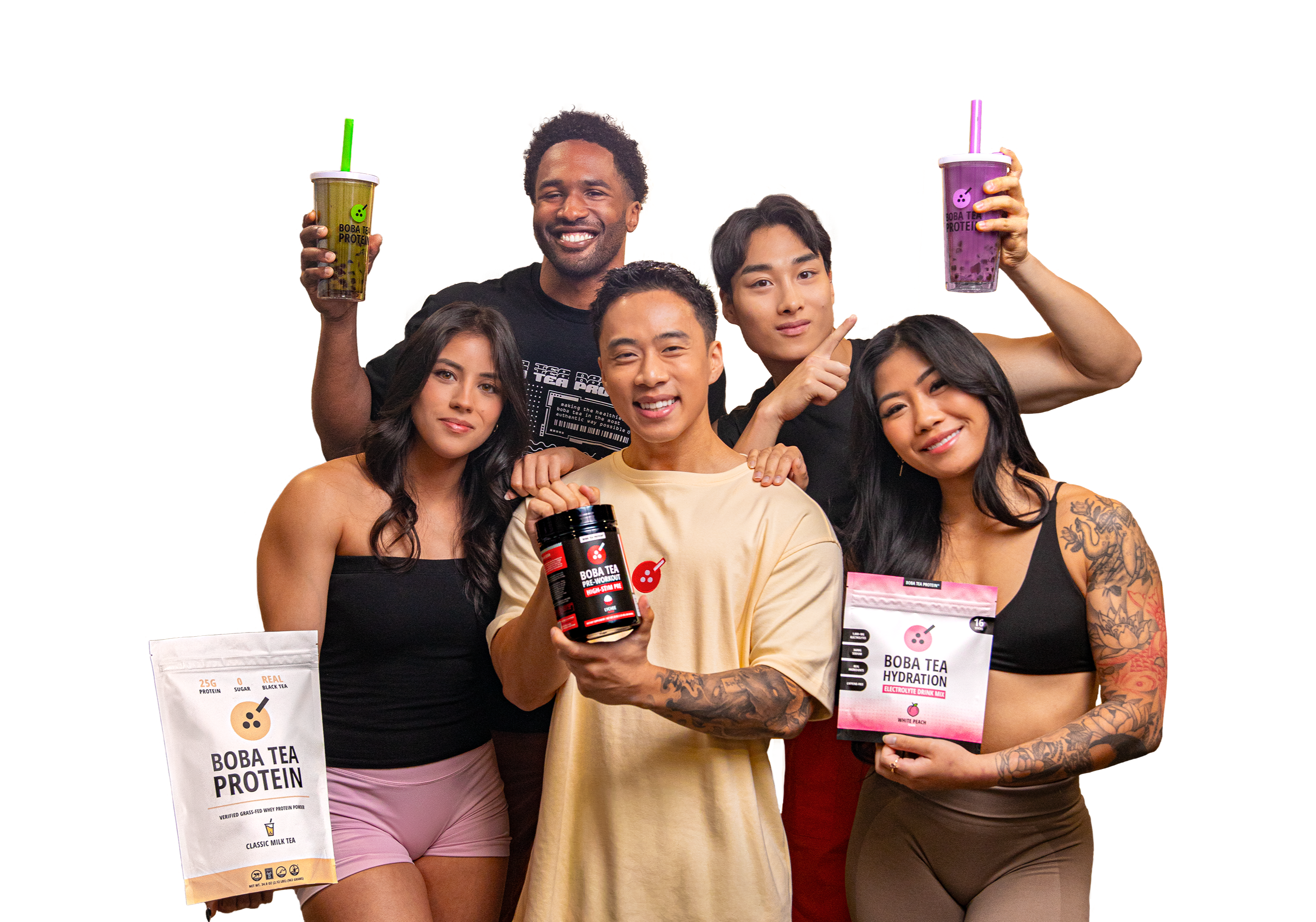 Group of people holding Boba Tea Protein products and drinks