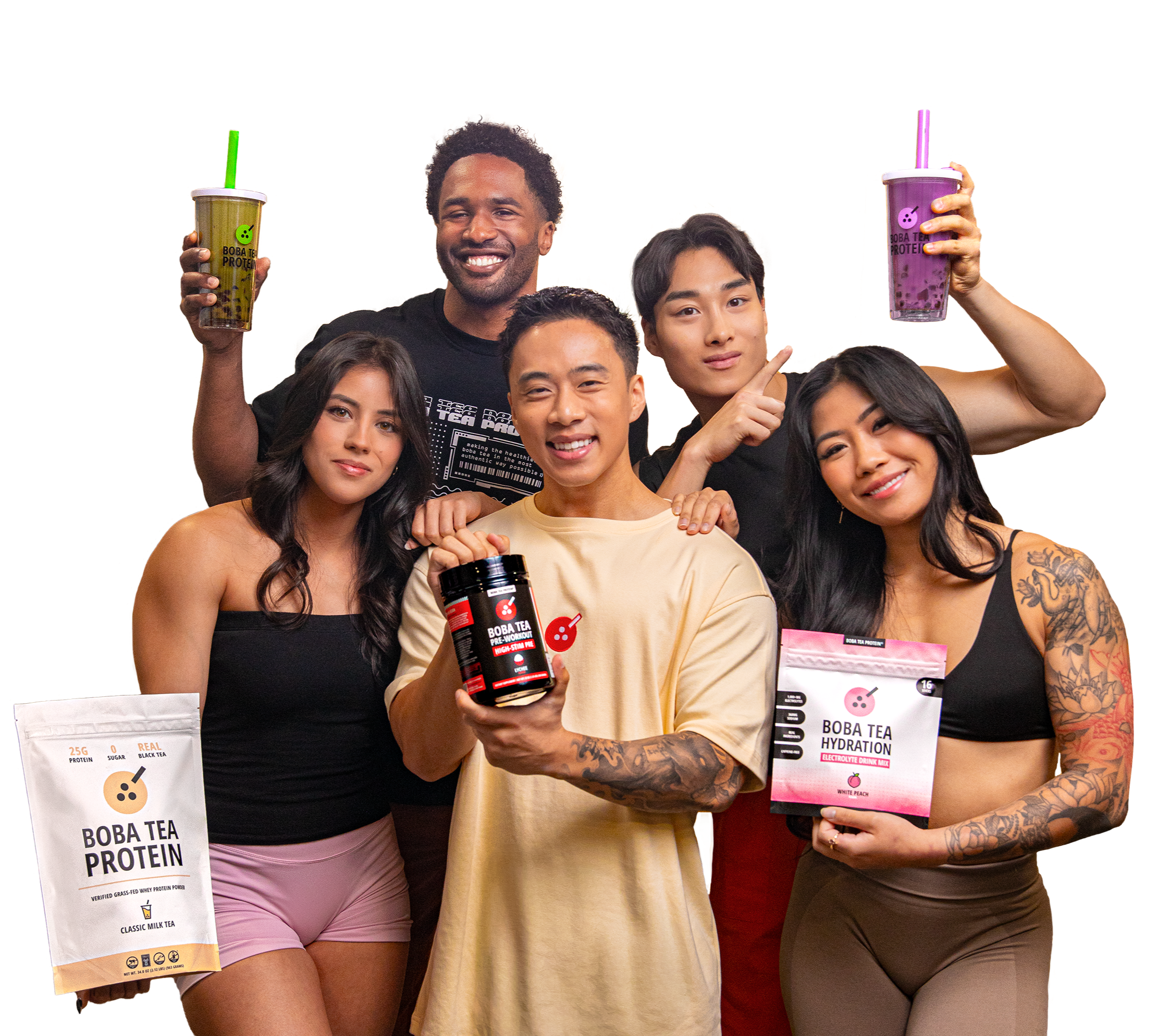 Group of people holding Boba Tea Protein products and drinks